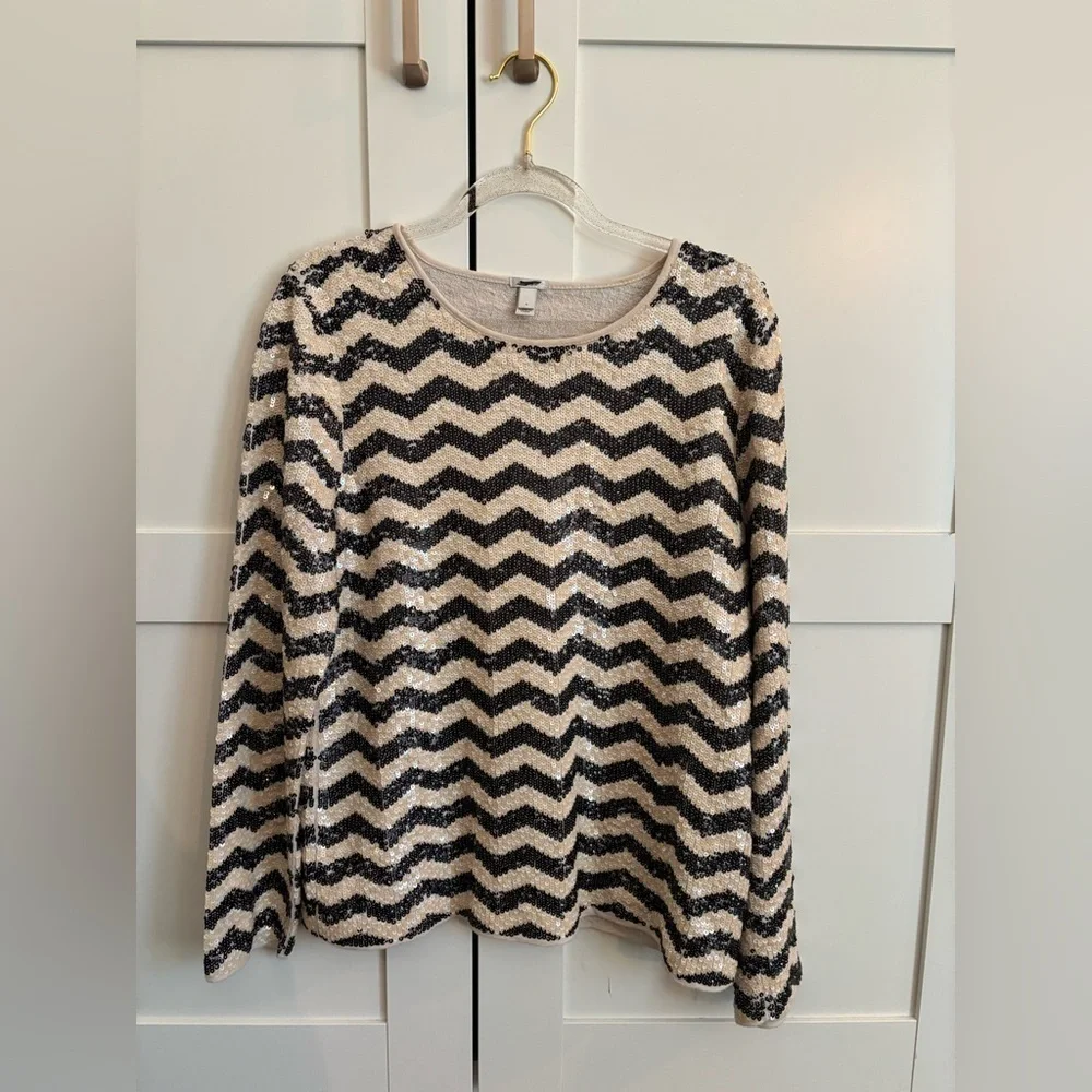 J.‎ Crew Sequin Long Sleeve Top Medium Black and Gold Chevron Sparkle Holiday
